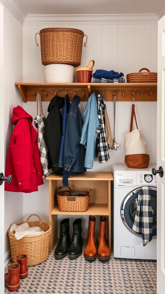 A cozy mudroom laundry room combo with hung jackets, a washing machine, and storage baskets.