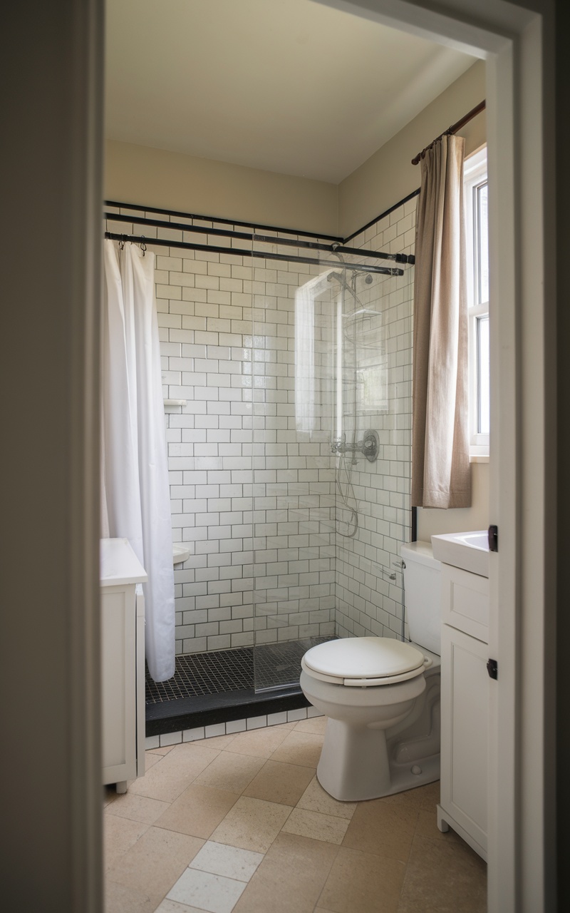 A small bathroom with a clear shower curtain and modern design features.