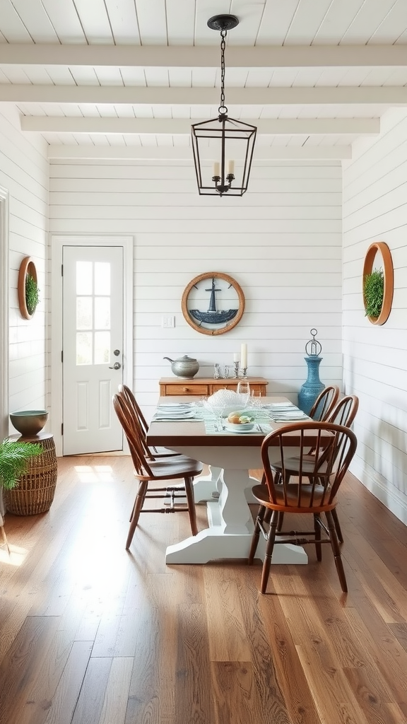 Cozy dining area featuring shiplap walls and rustic decor