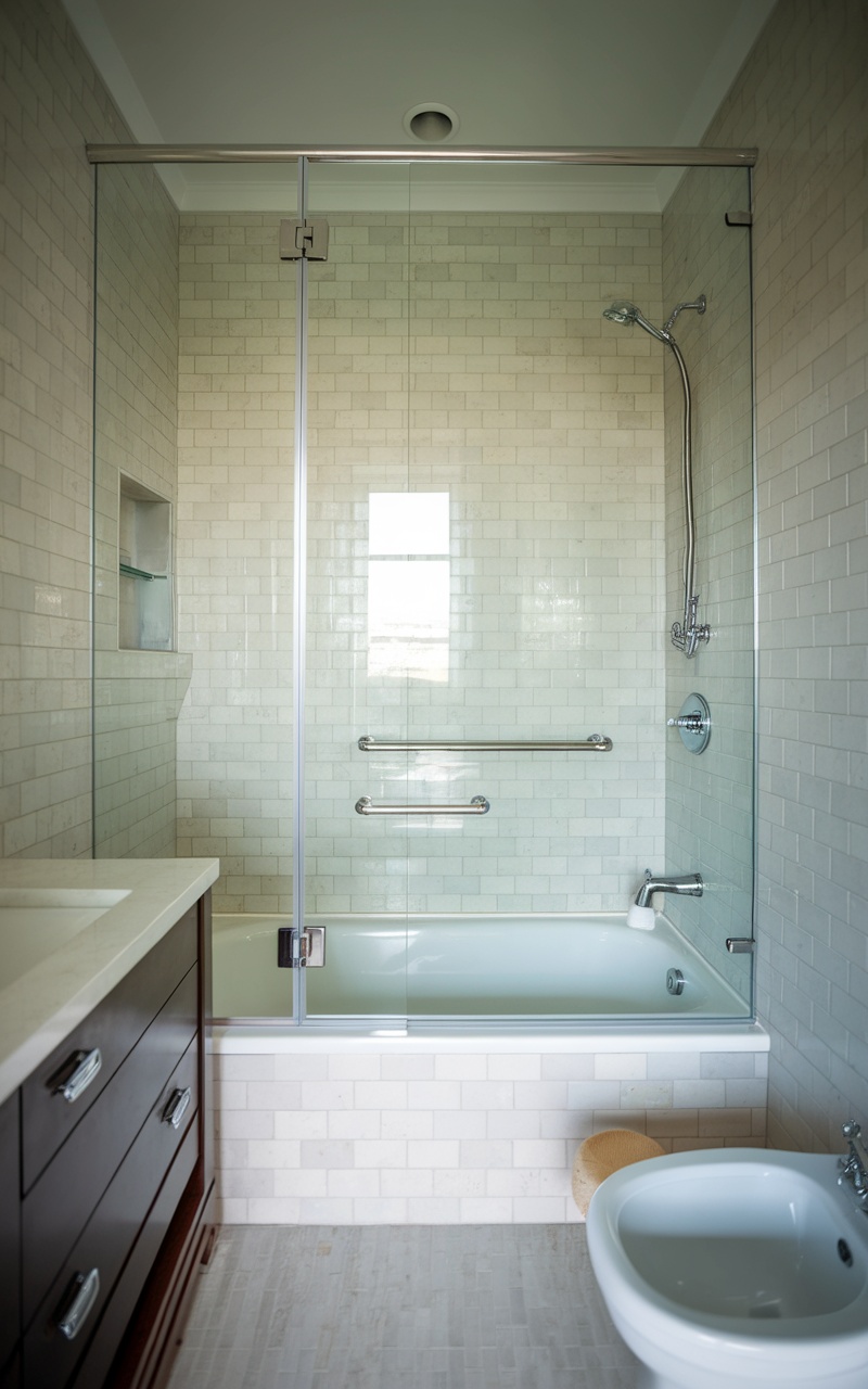 Small bathroom featuring a shower-tub combo with glass enclosure and modern finishes.