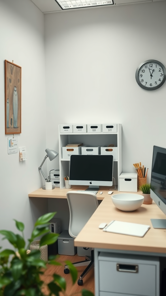 A small home office setting with a desk, computer, and organized storage.