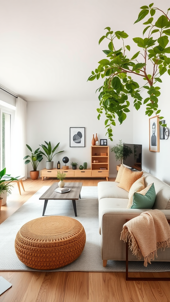 A cozy living room featuring a minimalist design with plants, a comfortable couch, and simple decor.