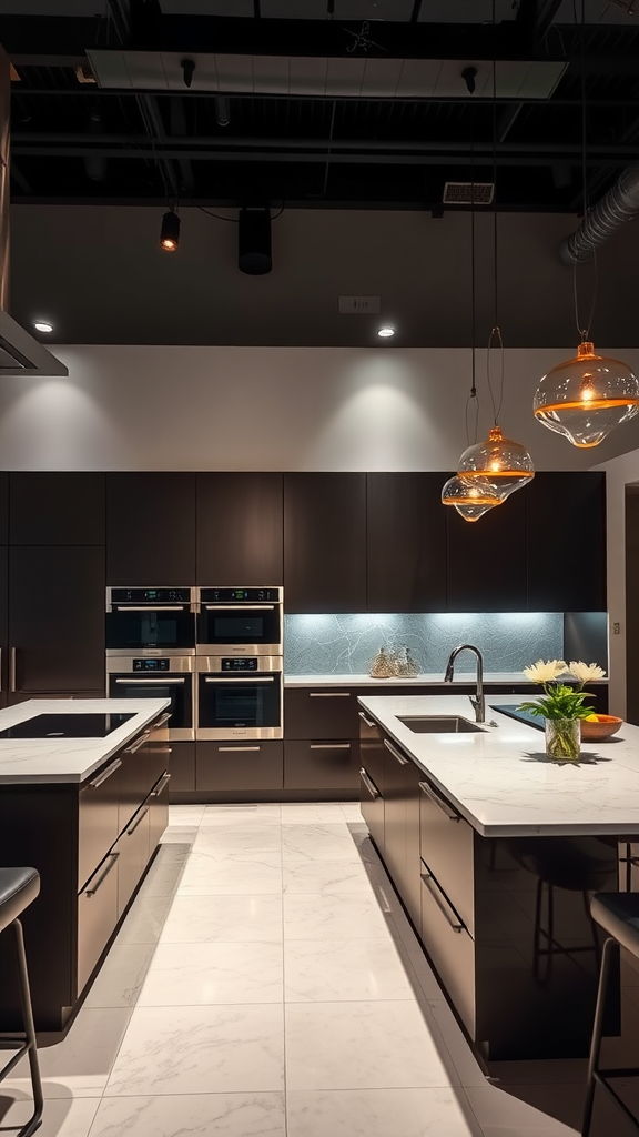 Modern kitchen featuring sleek island and integrated appliances with dark cabinets and bright accents.