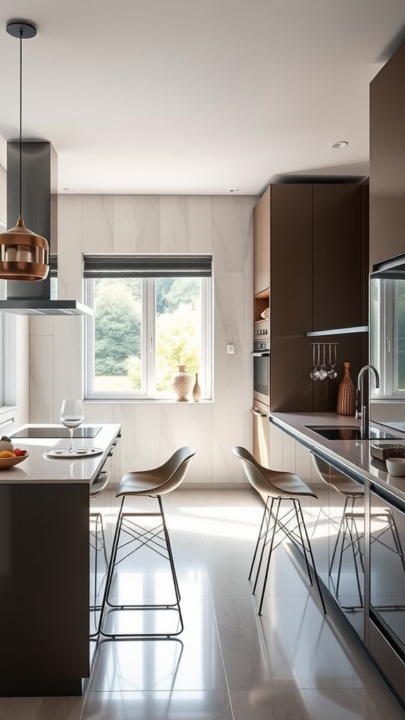 A modern kitchen featuring dark cabinetry, sleek countertops, and large windows for natural light.