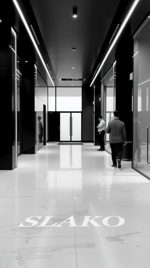 A sleek modern entryway with monochrome design features.