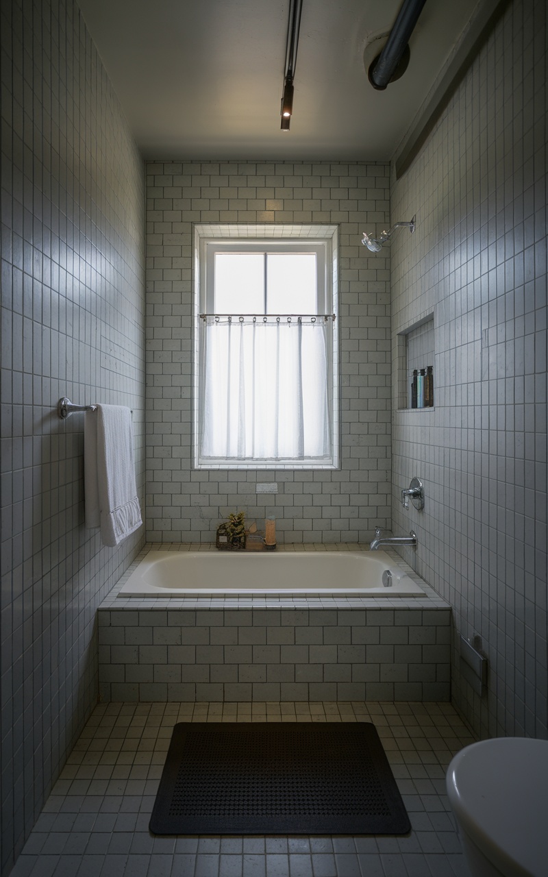 A small bathroom featuring sleek tiles, a bathtub, and a window, showcasing modern design.