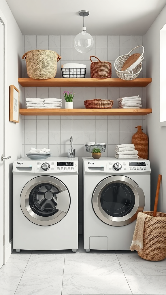 A small laundry room featuring stacked washer and dryer, wooden shelves with baskets, and neatly arranged towels.