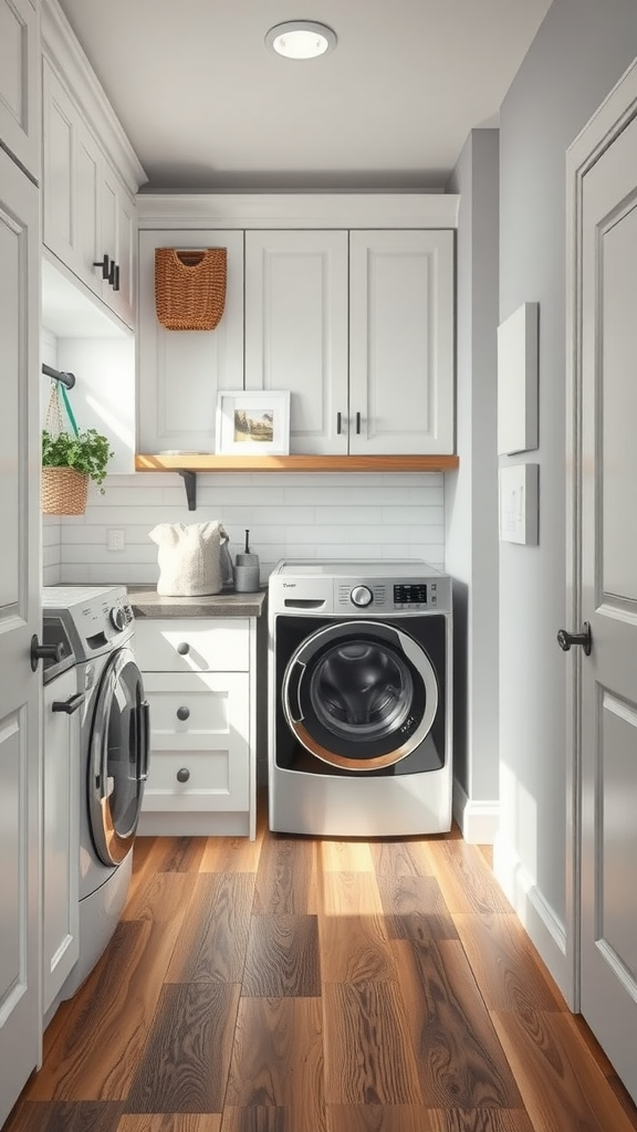 A stylish Mud Room Laundry Room Combo featuring modern appliances and wooden flooring.