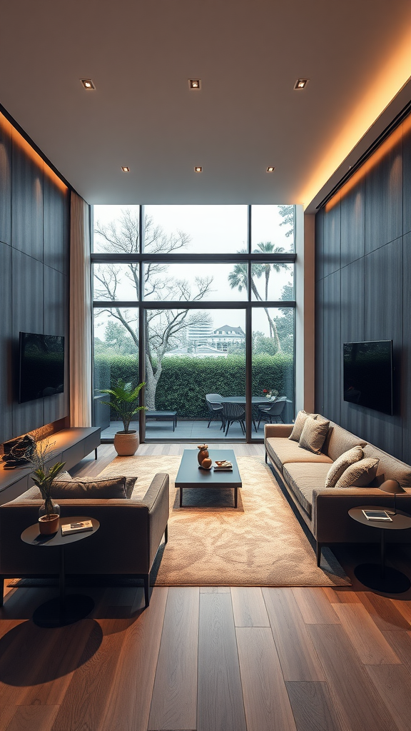 A modern living room with large windows, stylish furniture, and natural light.