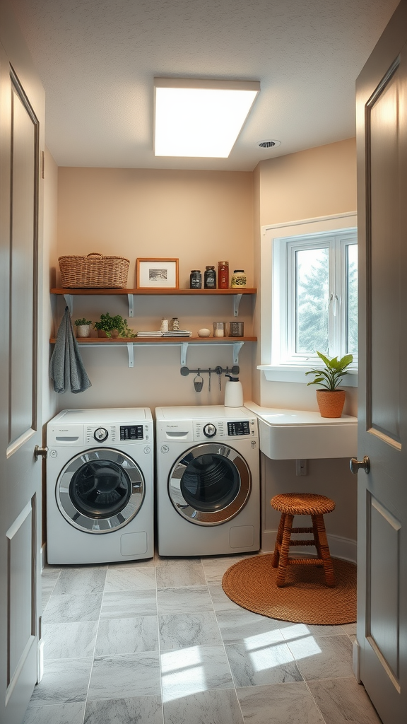 A well-lit Mudroom Laundry Room with modern appliances and a clean design.