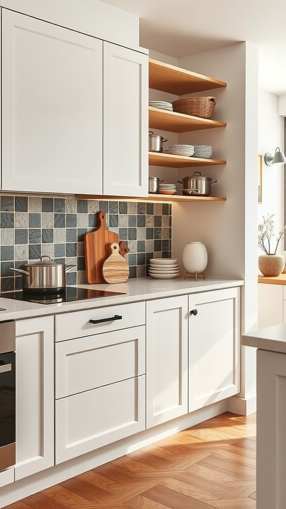 A modern kitchen featuring white cabinetry, wooden open shelves, and a stylish backsplash.