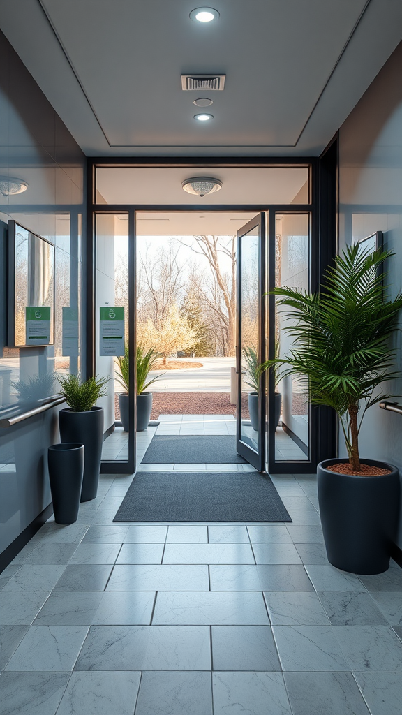 A modern entrance hallway with potted plants, doorways, and sleek lighting.