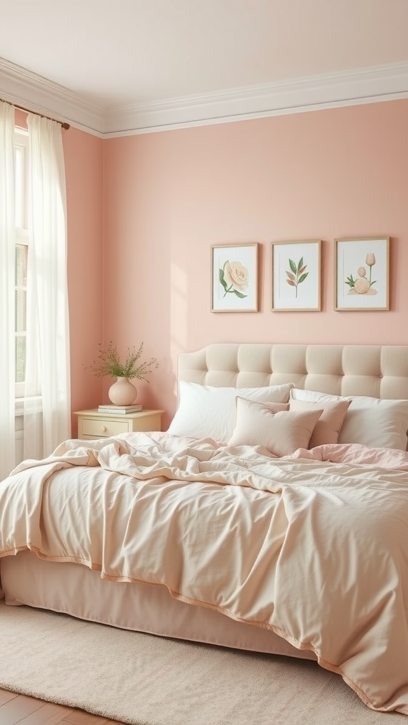 A cozy bedroom with soft dusty pink walls and light bedding.