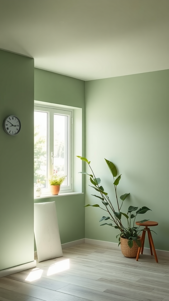 A room with light sage green walls, a window, a plant, and a small wooden stool.