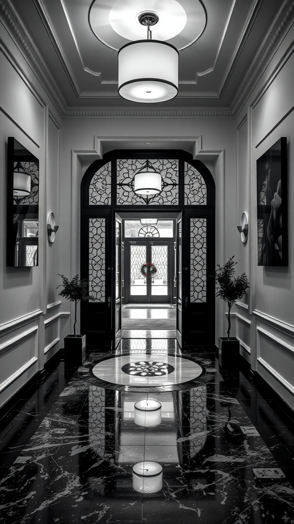 Sophisticated black and white entryway with modern design elements.