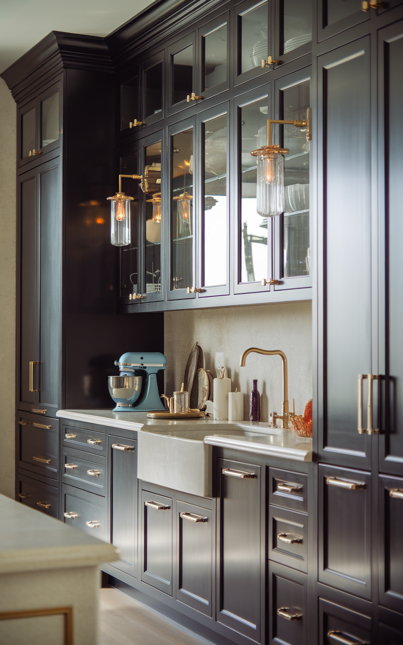 Sophisticated dark cabinetry with gold accents in a kitchen setting