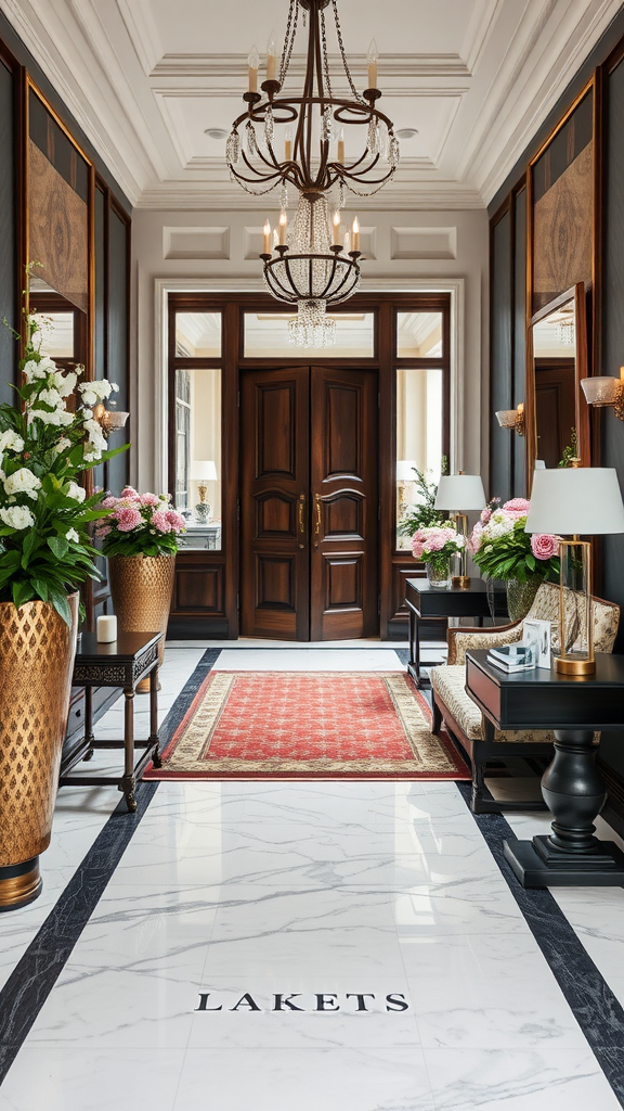 Sophisticated entryway featuring floral arrangements, a chandelier, and stylish furnishings.