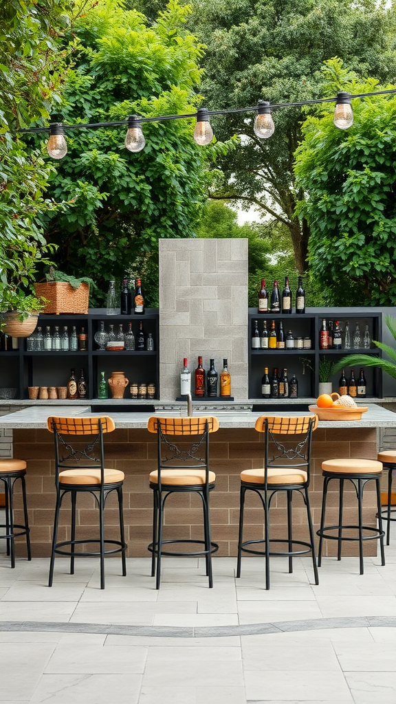 Sophisticated outdoor bar with stools, shelves, and string lights