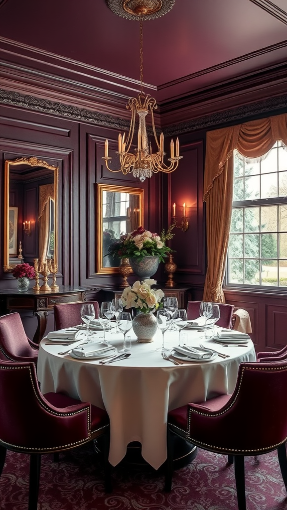 Elegant dining room featuring a sophisticated plum color scheme with gold accents.