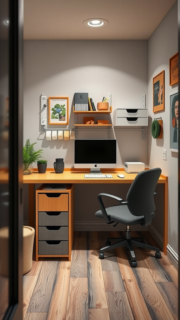 Cozy small home office setup with a study desk and storage solutions.