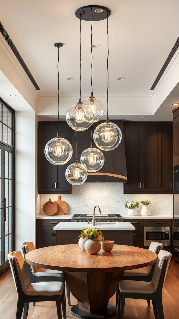 A modern kitchen featuring stylish pendant lighting above a circular wooden dining table.