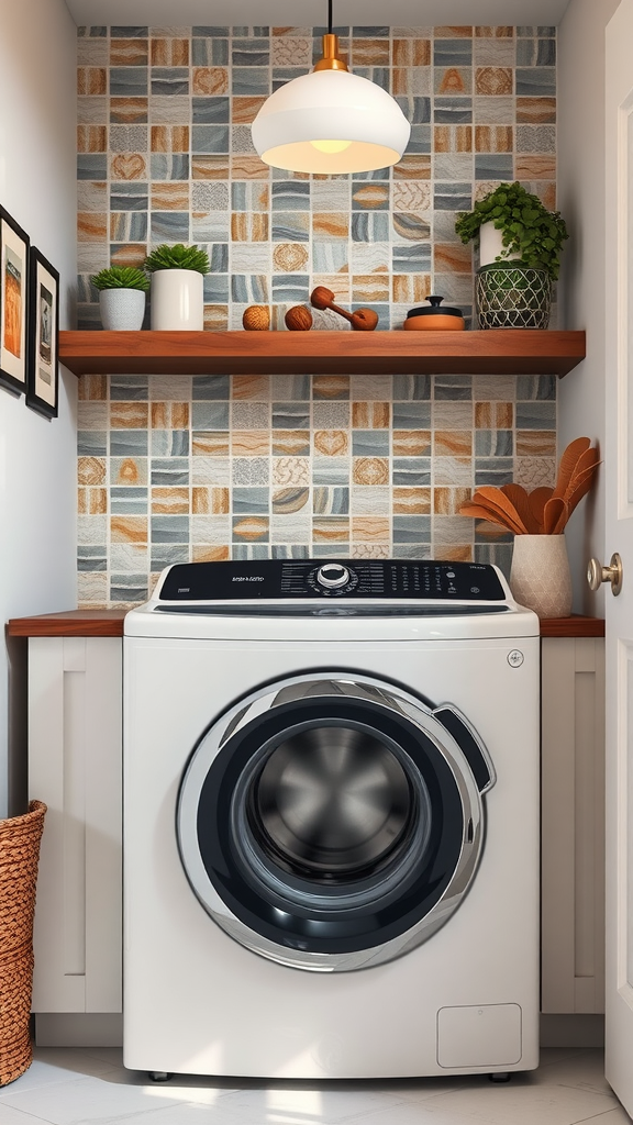 A small laundry room with stylish backsplash, featuring a top loader washing machine and wooden shelves.