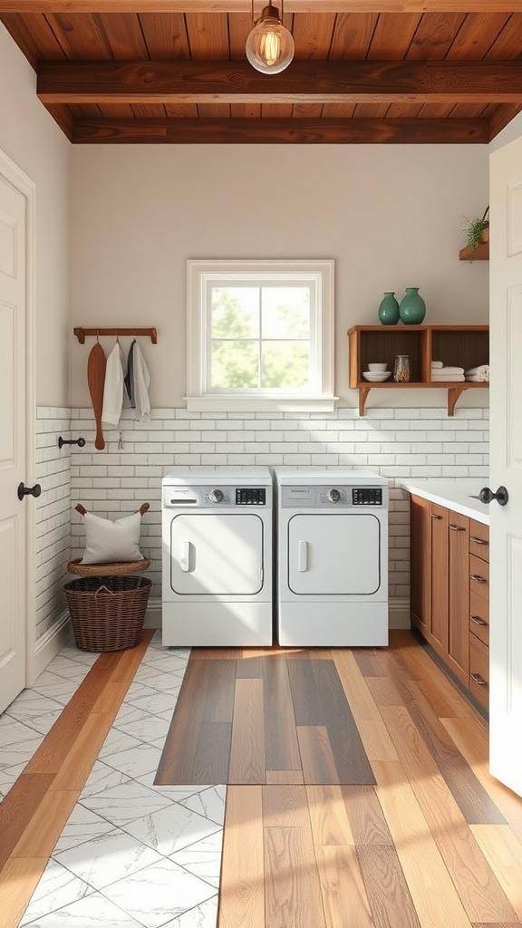 A stylish Mudroom Laundry Room featuring a mix of tile and wood flooring with modern laundry appliances.