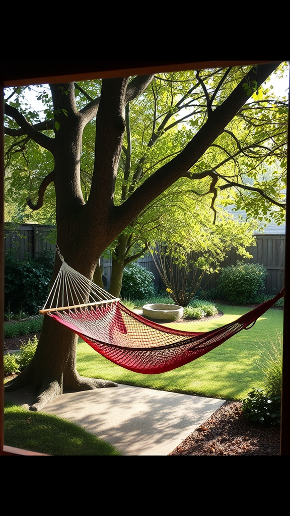 Cozy hammock hanging under a tree in a lush green backyard.