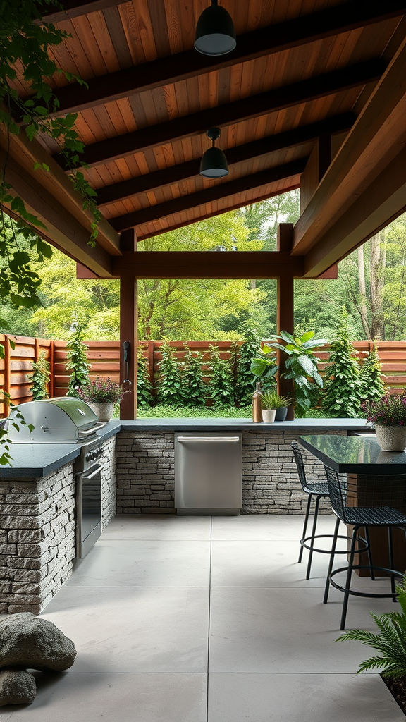 A modern outdoor kitchen with stone countertops and greenery.