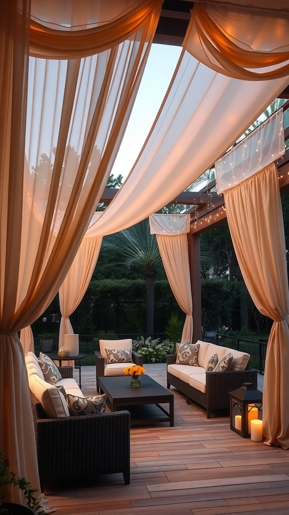 Stylish shade structure with drapes and comfortable seating in an outdoor living area.