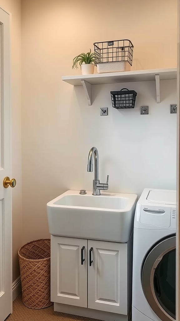 A modern, stylish sink with a faucet in a laundry room/mud room combo.