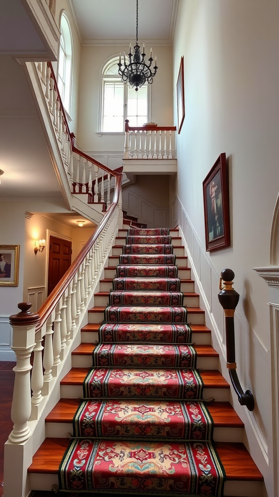 Stylish staircase with a red patterned carpet and elegant chandelier