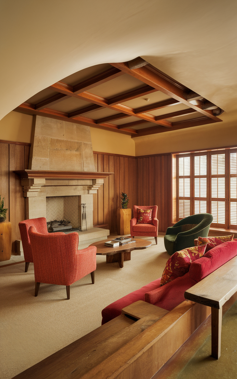 A sunken living room featuring retro furniture and a cozy atmosphere.