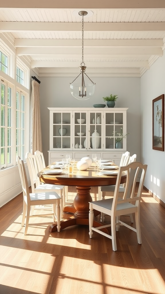 A sunlit dining area with a round wooden table surrounded by white chairs, featuring large windows and a stylish hutch.