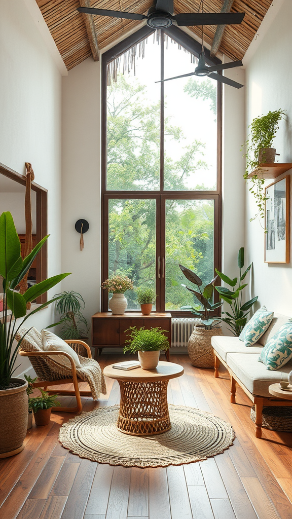 A cozy living space with a large window, plants, and natural materials, reflecting Wabi Sabi Minimalism.