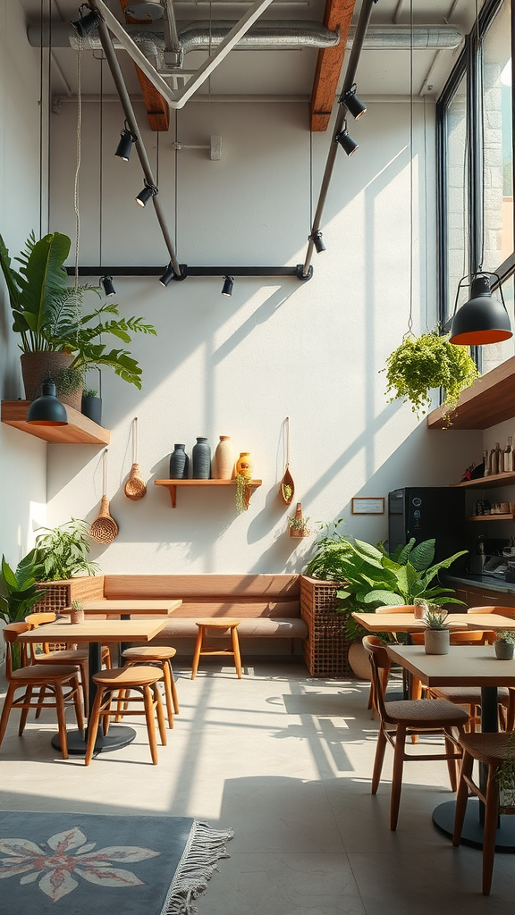 Interior of a cozy small coffee shop with plants and natural materials.