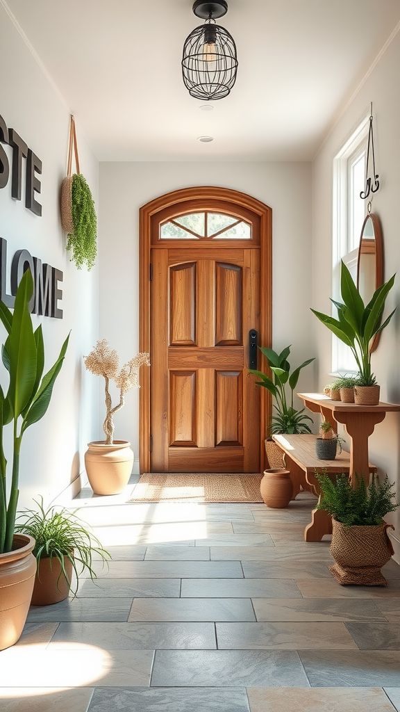 A bright and inviting entrance hallway featuring a wooden door, potted plants, a wooden table, and decorations.