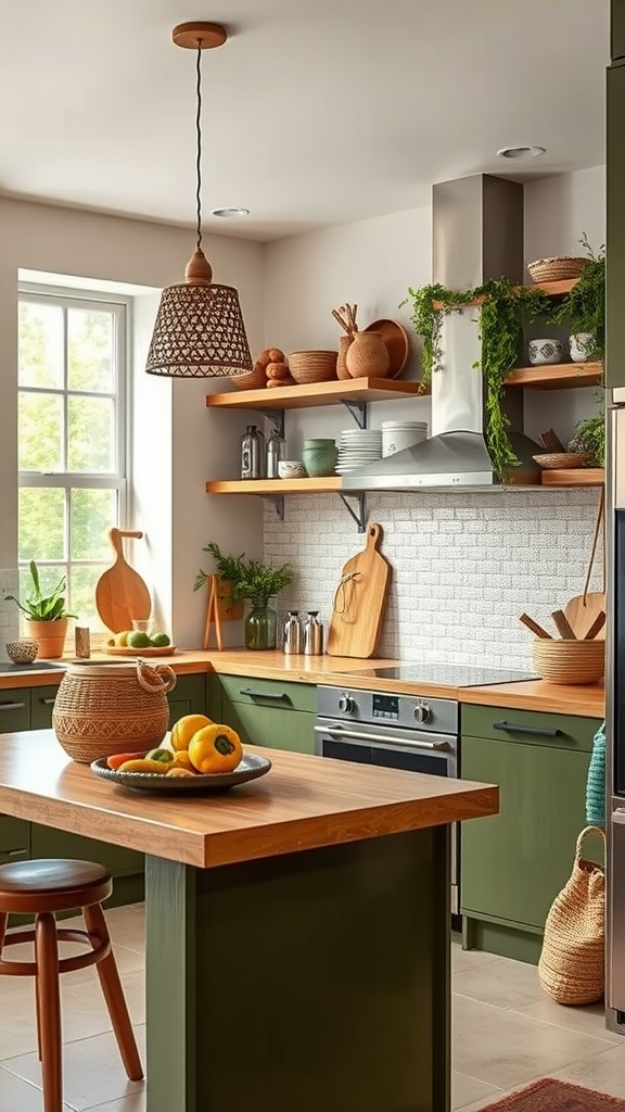 A modern kitchen featuring green cabinetry, wooden countertops, and decorative glass elements.