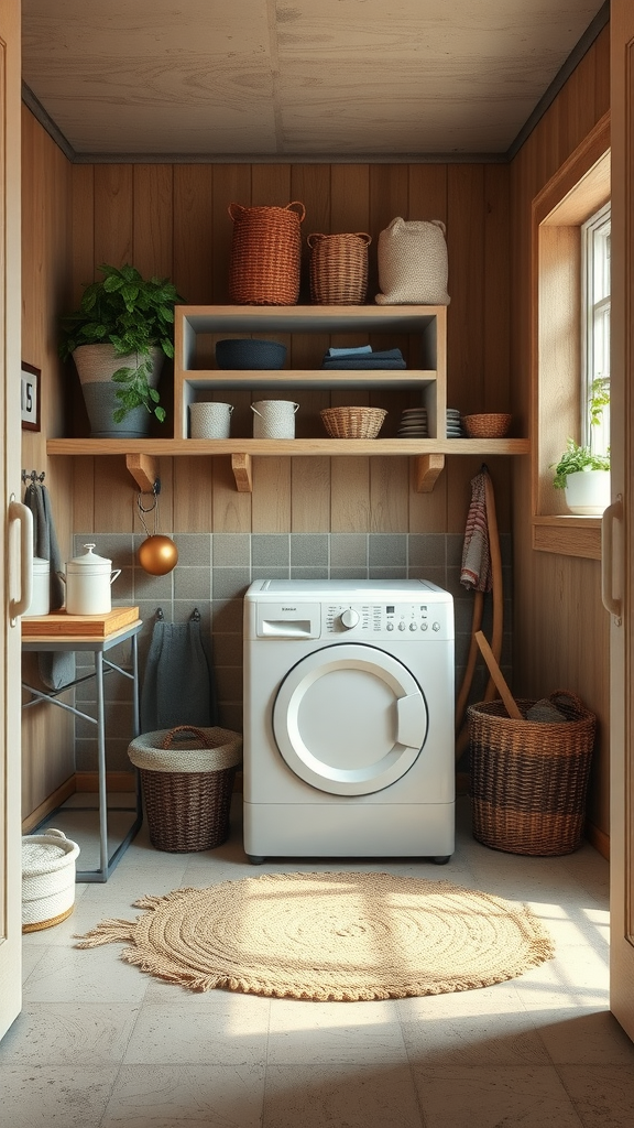 A cozy laundry room with shelves, baskets, and a washing machine, emphasizing sustainable design.