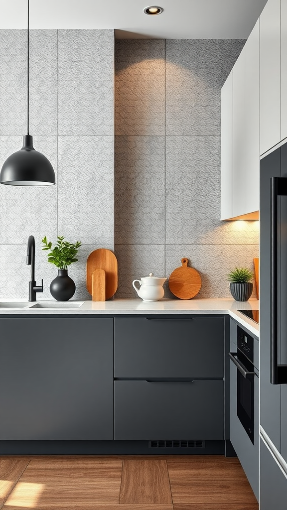 A modern kitchen featuring textured wall panels and sleek cabinets.