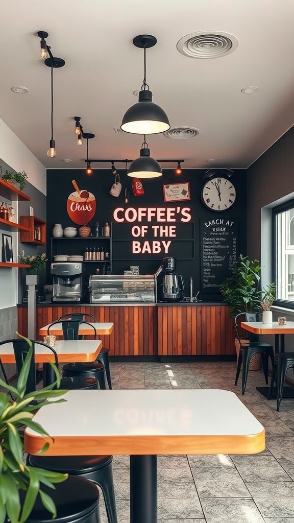 Cozy small coffee shop interior with tables and a themed sign.