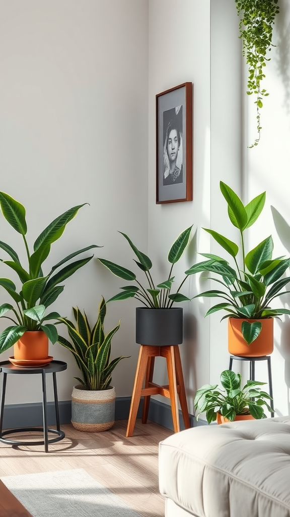 Cozy living room corner with potted plants and a photo on the wall.