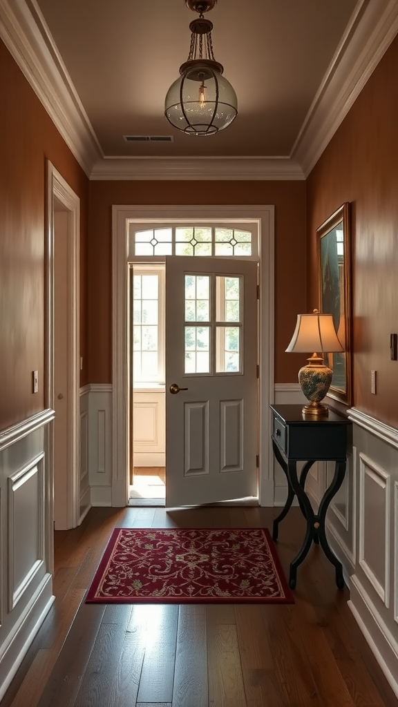 A traditional entryway with wainscoting and elegant decor