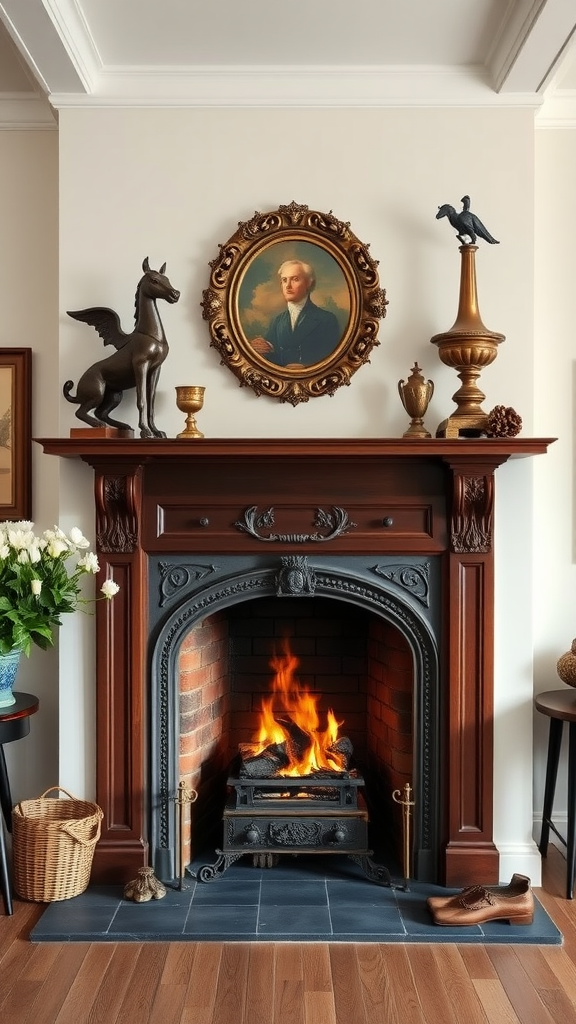 A traditional fireplace with ornate mantel, featuring a portrait and decorative items, with a cozy fire burning.