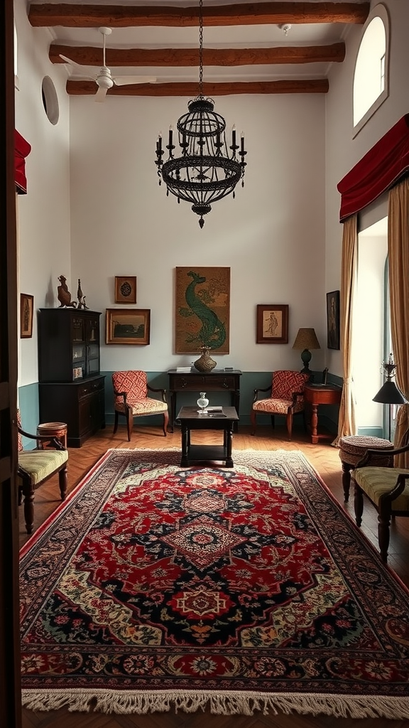 A beautifully decorated room featuring a traditional rug, elegant chandelier, and Colonial-style furniture.