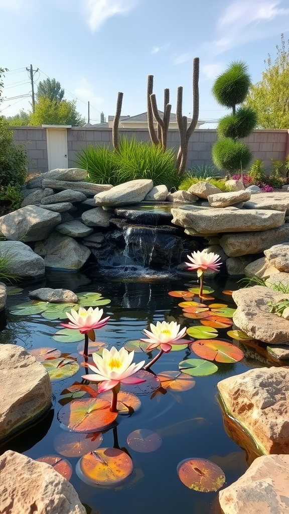 A serene pond with pink water lilies surrounded by rocks and greenery.