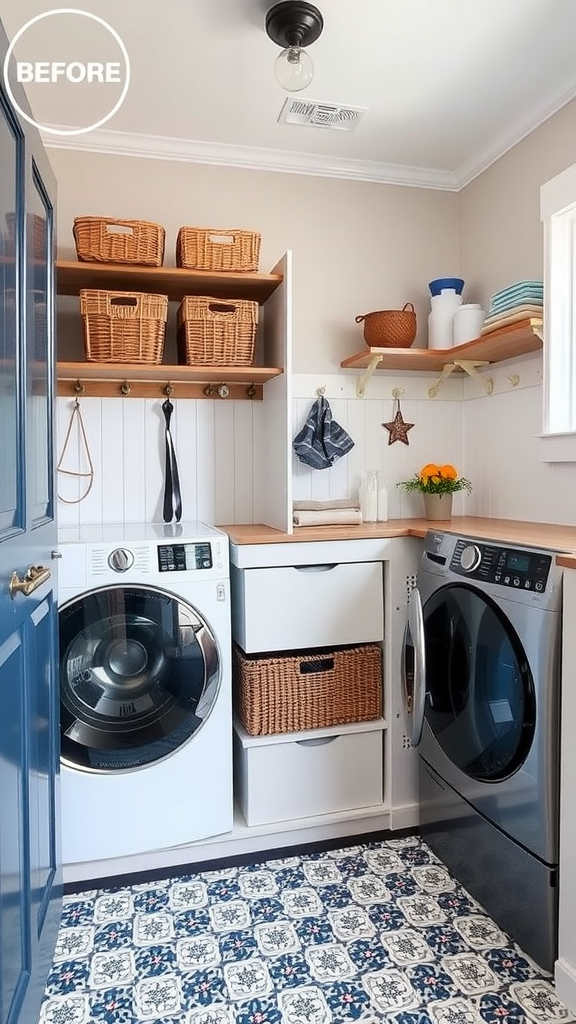 Before and after transformation of a mud room and laundry room combo.