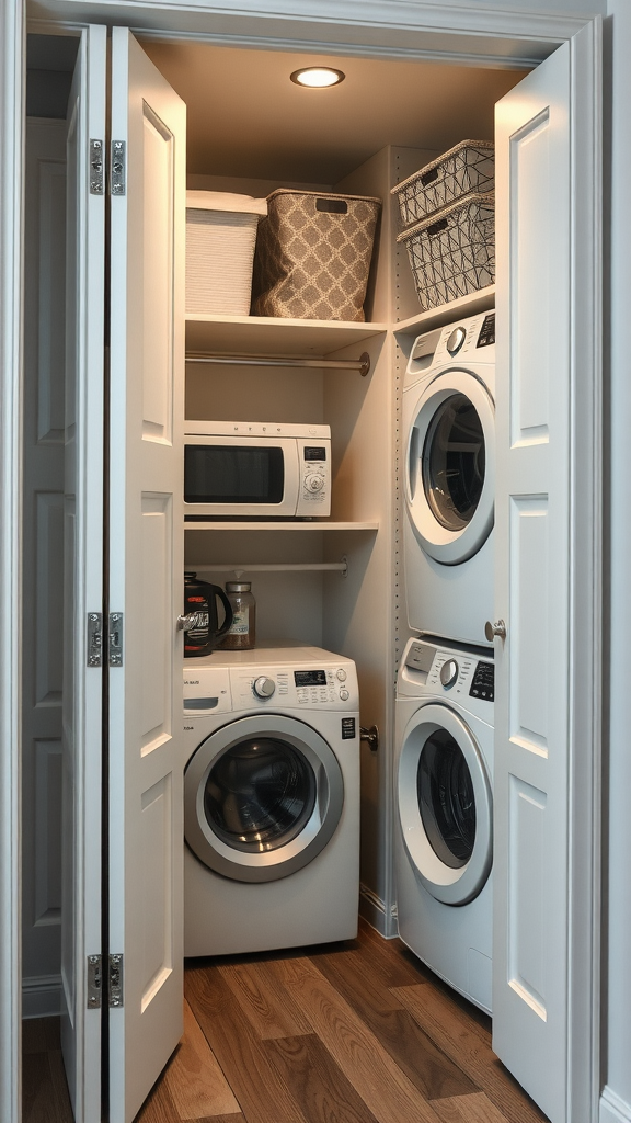 A well-organized laundry closet featuring a washer, dryer, and storage baskets.