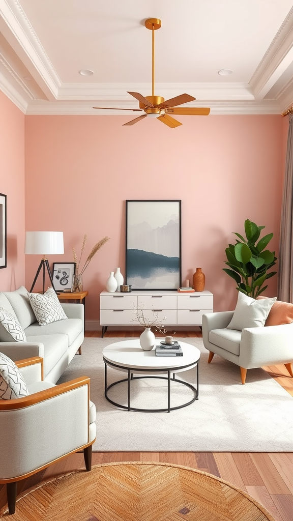 A stylish living room featuring blush pink walls, modern furniture, and decorative plants.