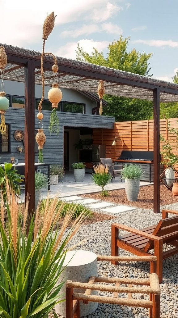 A beautifully designed outdoor space featuring a pergola with hanging decorations, stylish seating, and lush plants.